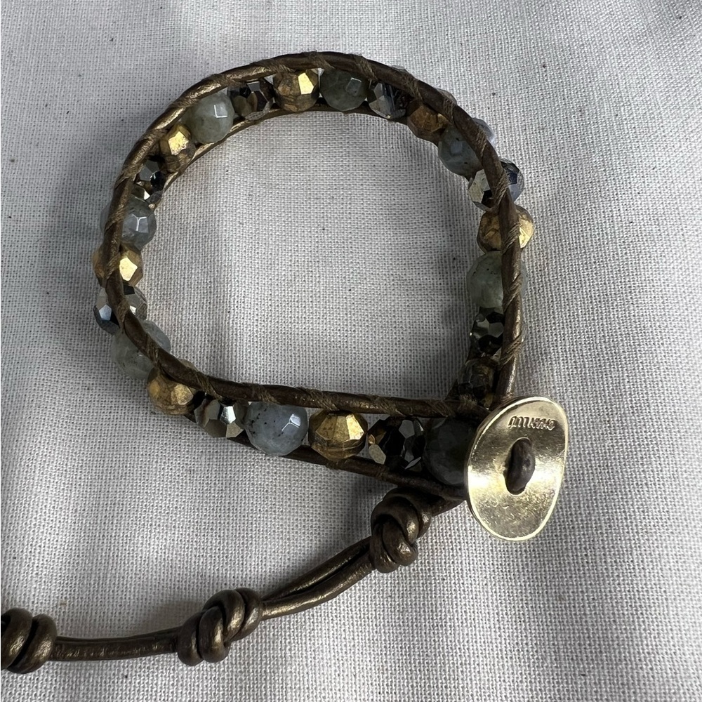 Chan Luu Mineral Stone & Gold-tone Bead Wrap Bracelet w/925 Clasp